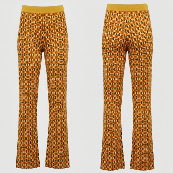 NWOT ZARA 70s Boho Hippie Knit High-Waist Flare Pants – Mustard Rust Geometric - Picture 9 of 16